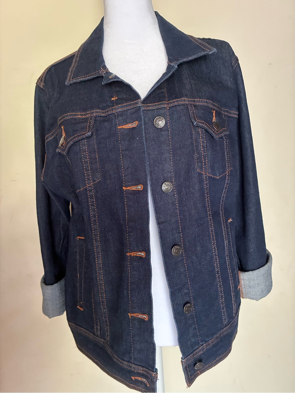 Old Navy Women’s Large Dark Wash Denim Trucker Jacket Contrast Stitching